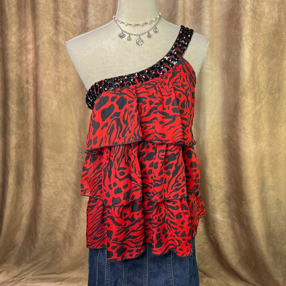 Y2K One Shoulder Top Animal Print Tiered Ruffled Sheer Mesh Red Indie Sleaze
